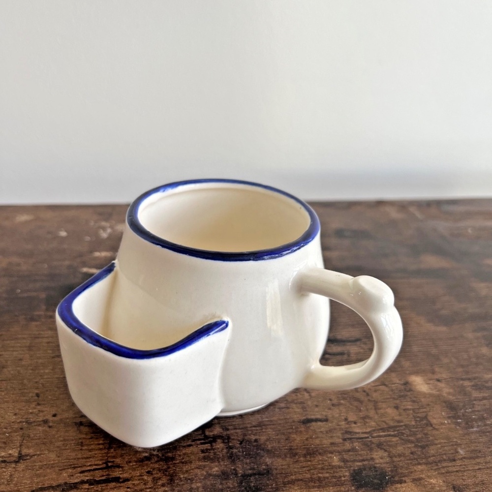Vintage Stoneware Tea Cup Mug with Attached Tea Bag Holder, White with Blue Trim
